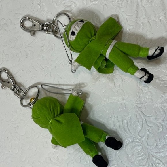 TWO Ninja String Doll Keychain Toys w/Swords Lime Green 2.5" x 3" NEW - Picture 3 of 8